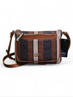NWT Jones New York Tan Brown Stripe Crossbody Bag & Matching Wristlet Set